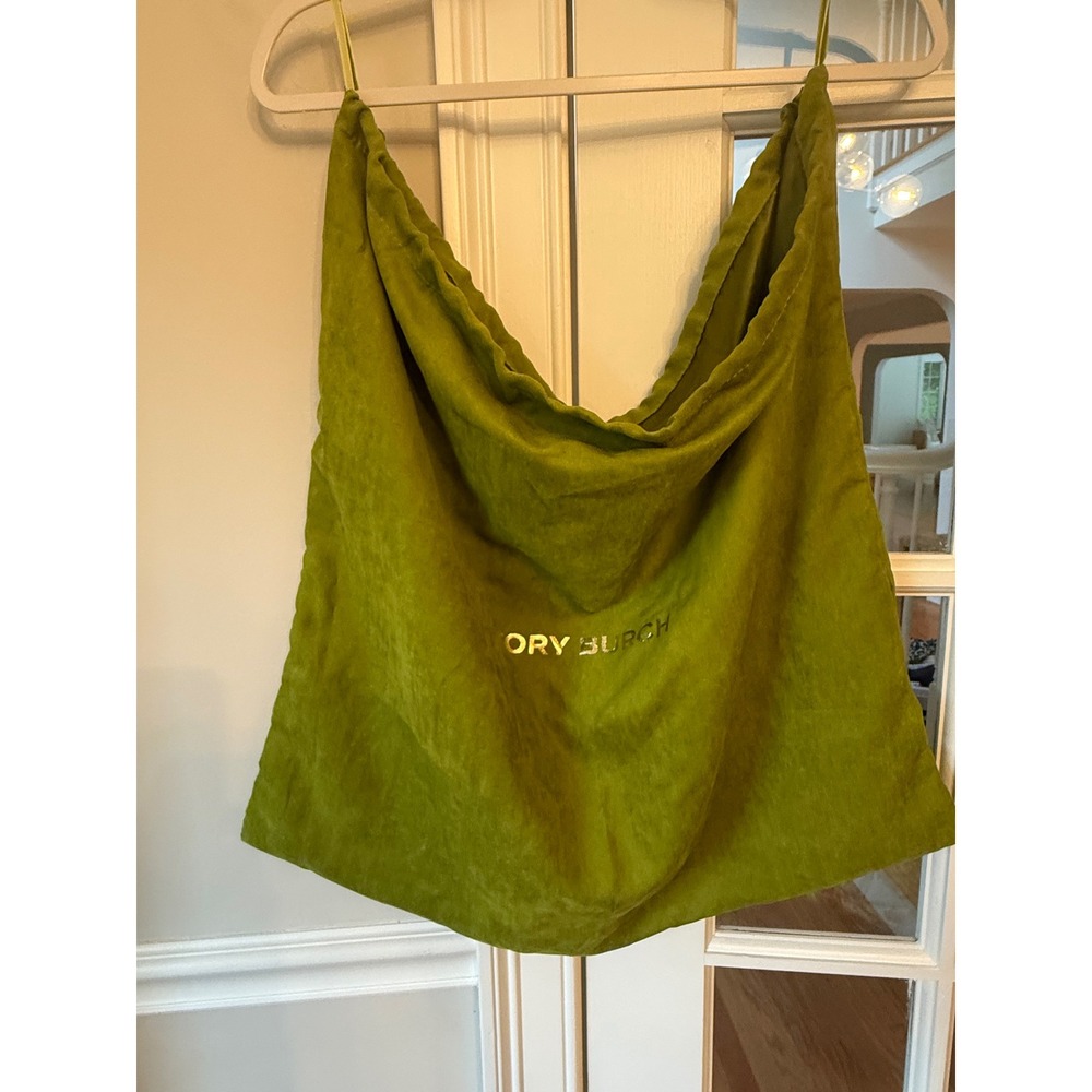 Tory Burch Chartreuse Green Velvet Drawstring Dust Bag Gold Logo Large